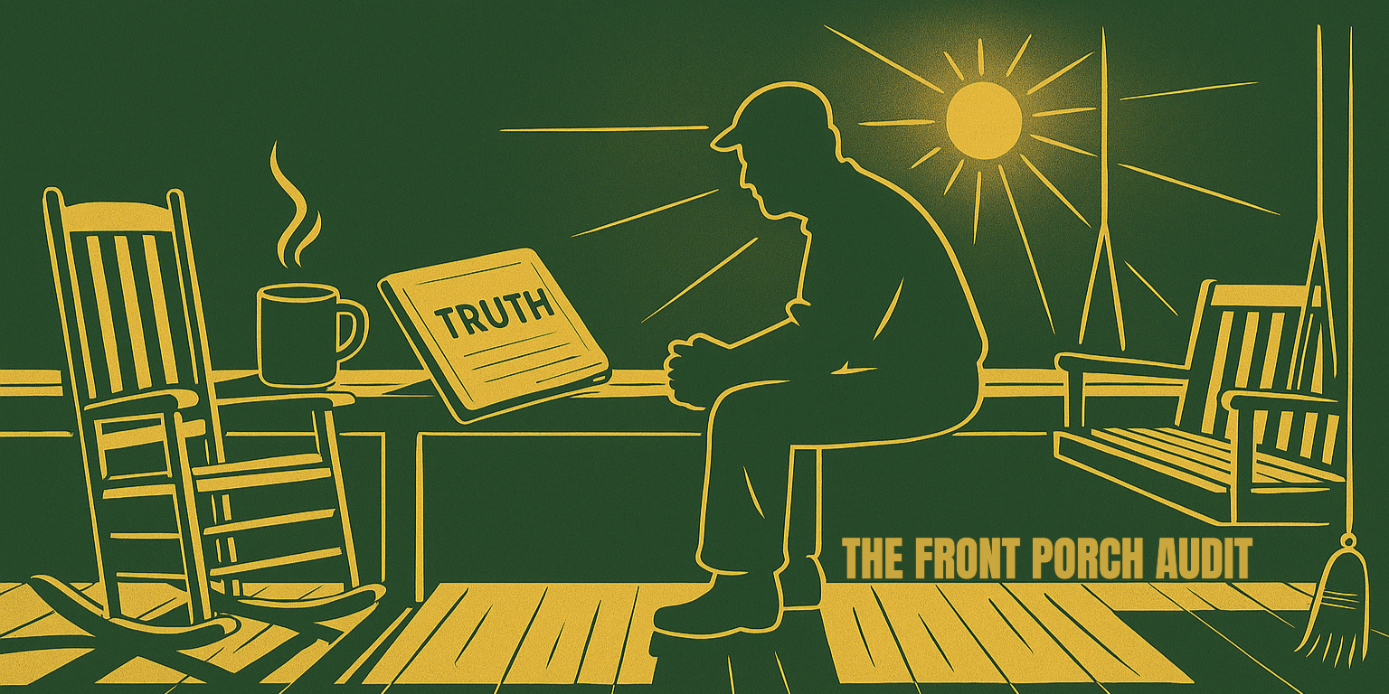 Minimalist Southern porch illustration at sunrise with a man seated beside a coffee mug and open notebook labeled ‘Truth,’ a rocking chair on the left, and a porch swing on the right.