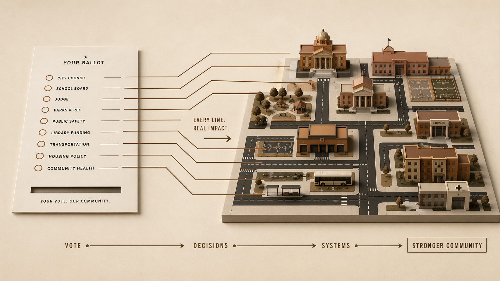 Local voting power illustrated through layered civic choices that build visible public structure over time