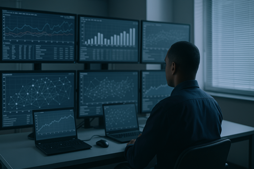 Person in a cool-toned control room observing multiple data screens and network graphs, representing automation and system oversight.