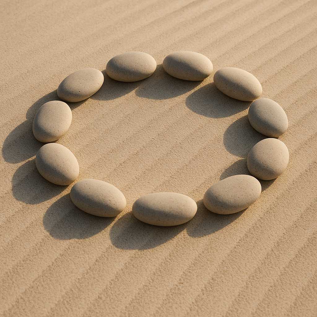 Circular stones on sand forming a boundary under soft light, representing calm order.