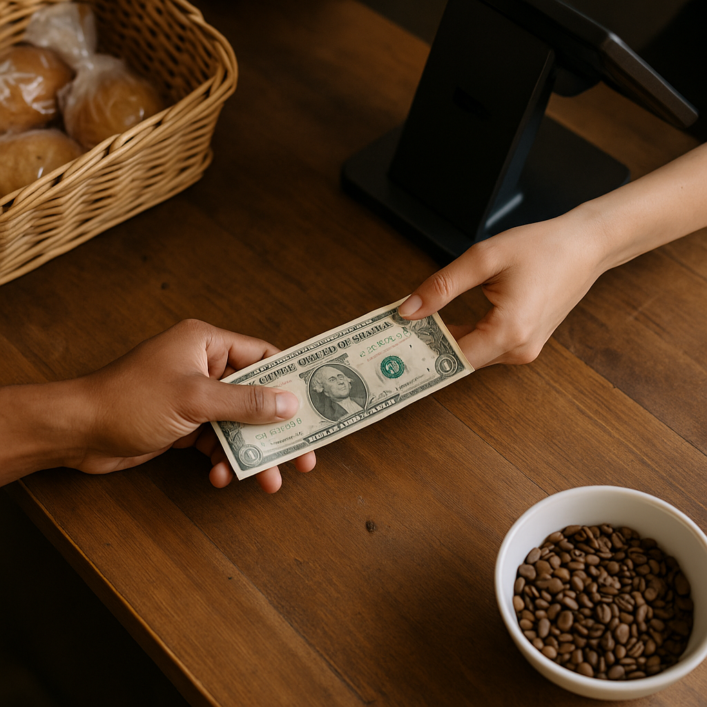 Hands exchanging a dollar at a small shop counter, symbolizing local wealth circulation.