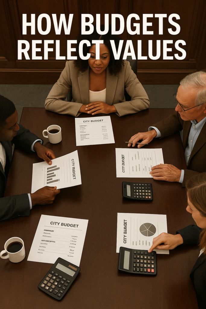 City council table with open budget papers and calculators, representing how budgets reveal community