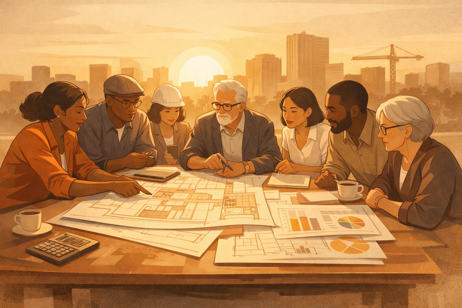 Community economic empowerment illustrated through residents reviewing development blueprints and financial plans together, symbolizing cooperative ownership and neighborhood wealth building.