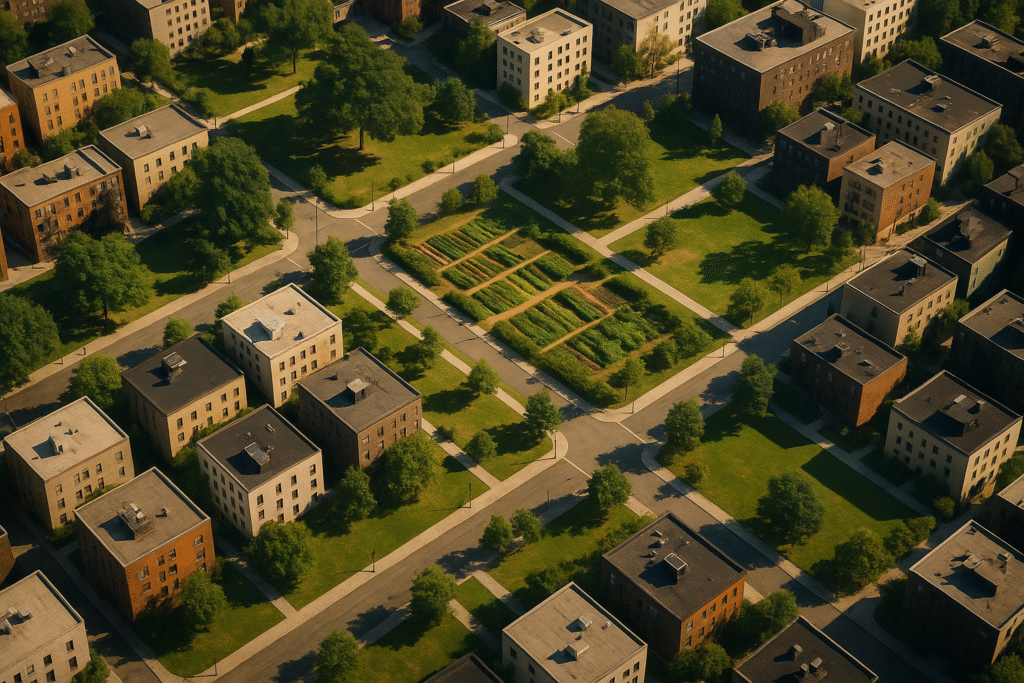 Aerial city view showing community gardens and parks, symbolizing neighborhood health and shared wellness.