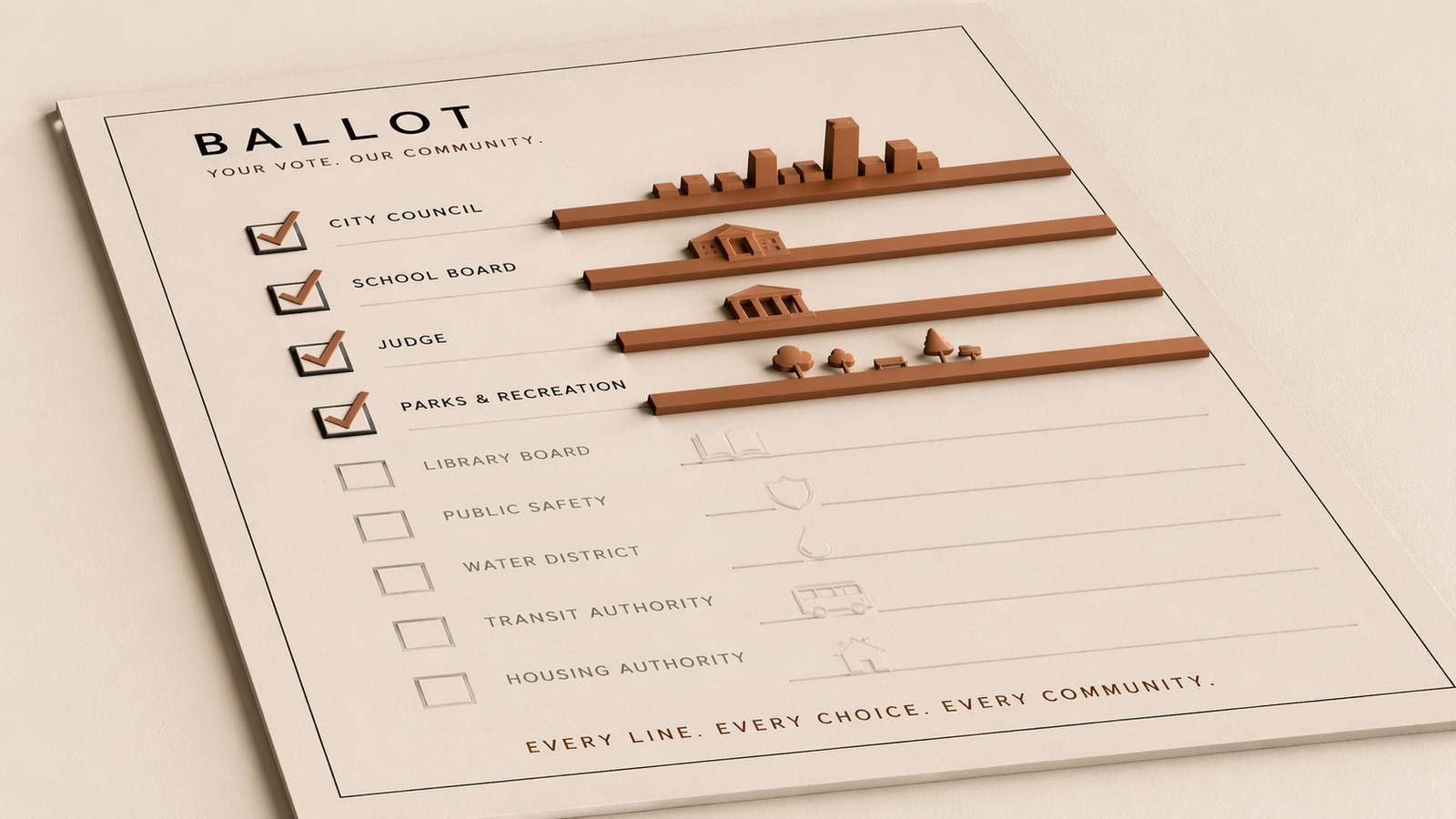 Local voting power shown as a structural civic framework where ballot choices shape visible public outcomes