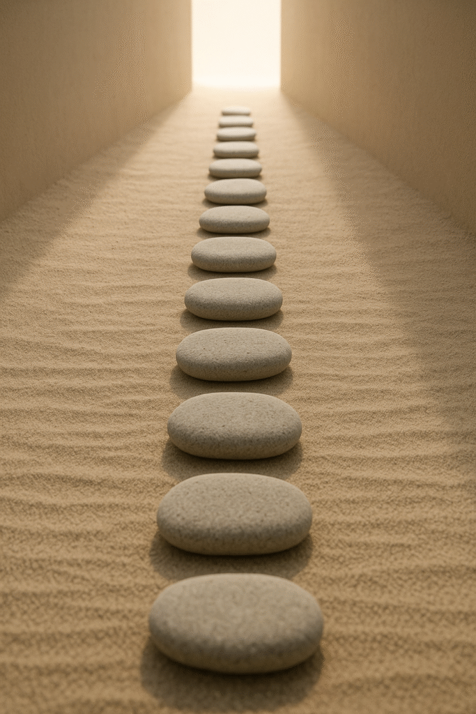 Stone path leading into sunlight symbolizing structure guiding freedom.