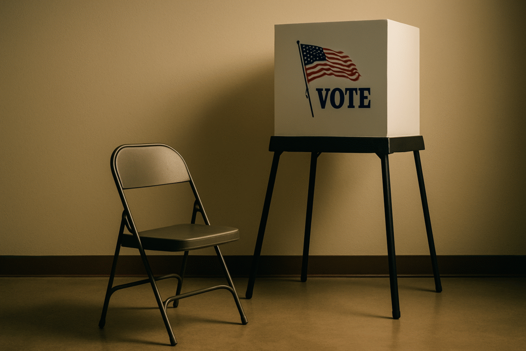 Empty chair before a voting booth, representing silence and civic absence.