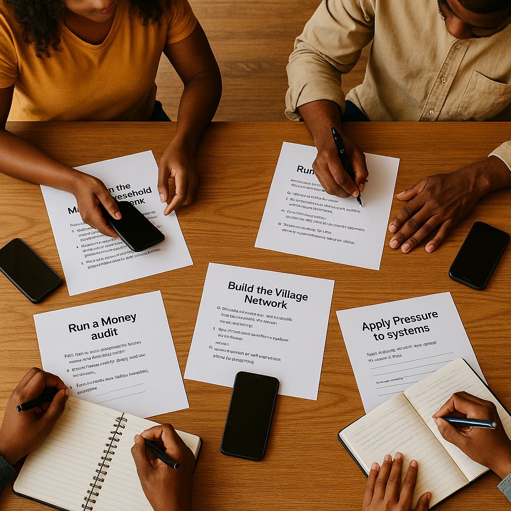 Overhead view of a family planning their household network with notes and phones.