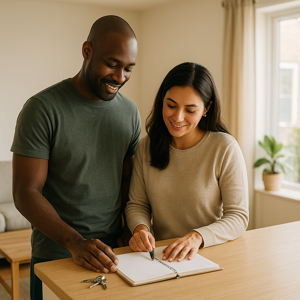 How to build a healthy relationship — a Black man and a Latina woman calmly reviewing notes together in a bright, modern home, showing teamwork and respect.