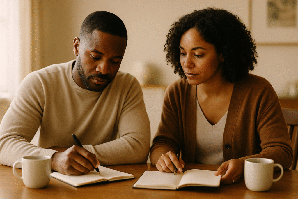 A light-skinned Black couple sitting together at a dining table in warm natural light, calmly journaling and discussing goals, showing thoughtfulness and mutual respect.