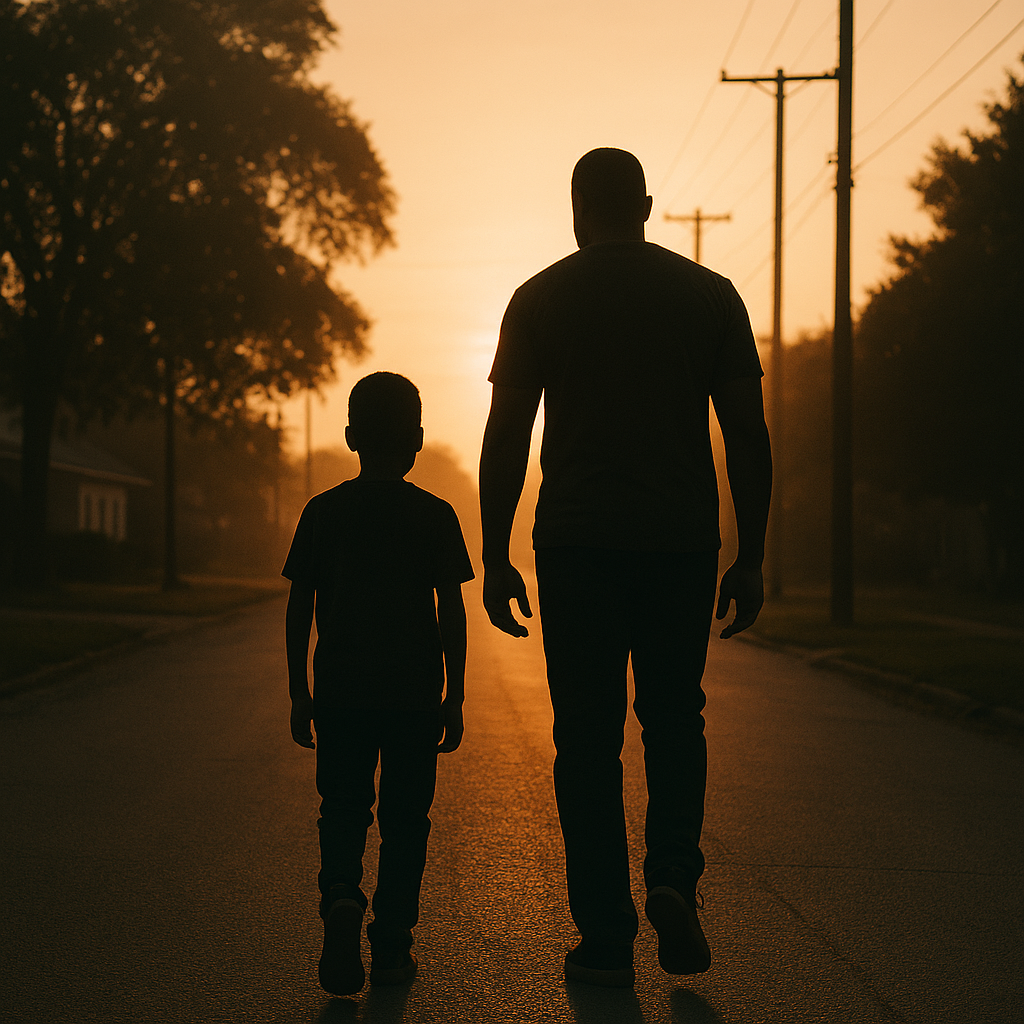 Silhouette of a father and son walking together at sunrise, symbolizing guidance, manhood, and generational strength.