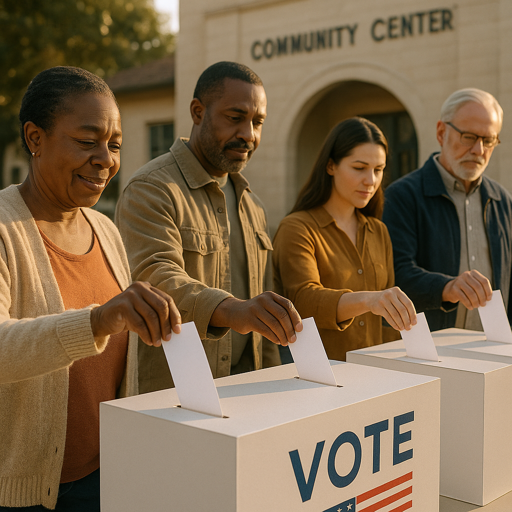 Community members voting at a local polling box, symbolizing local civic power.