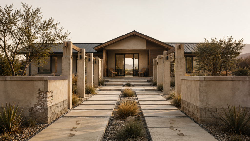 Two separate architectural pathways converging toward a shared home, representing relationship structure, boundaries, trust, communication, and repair