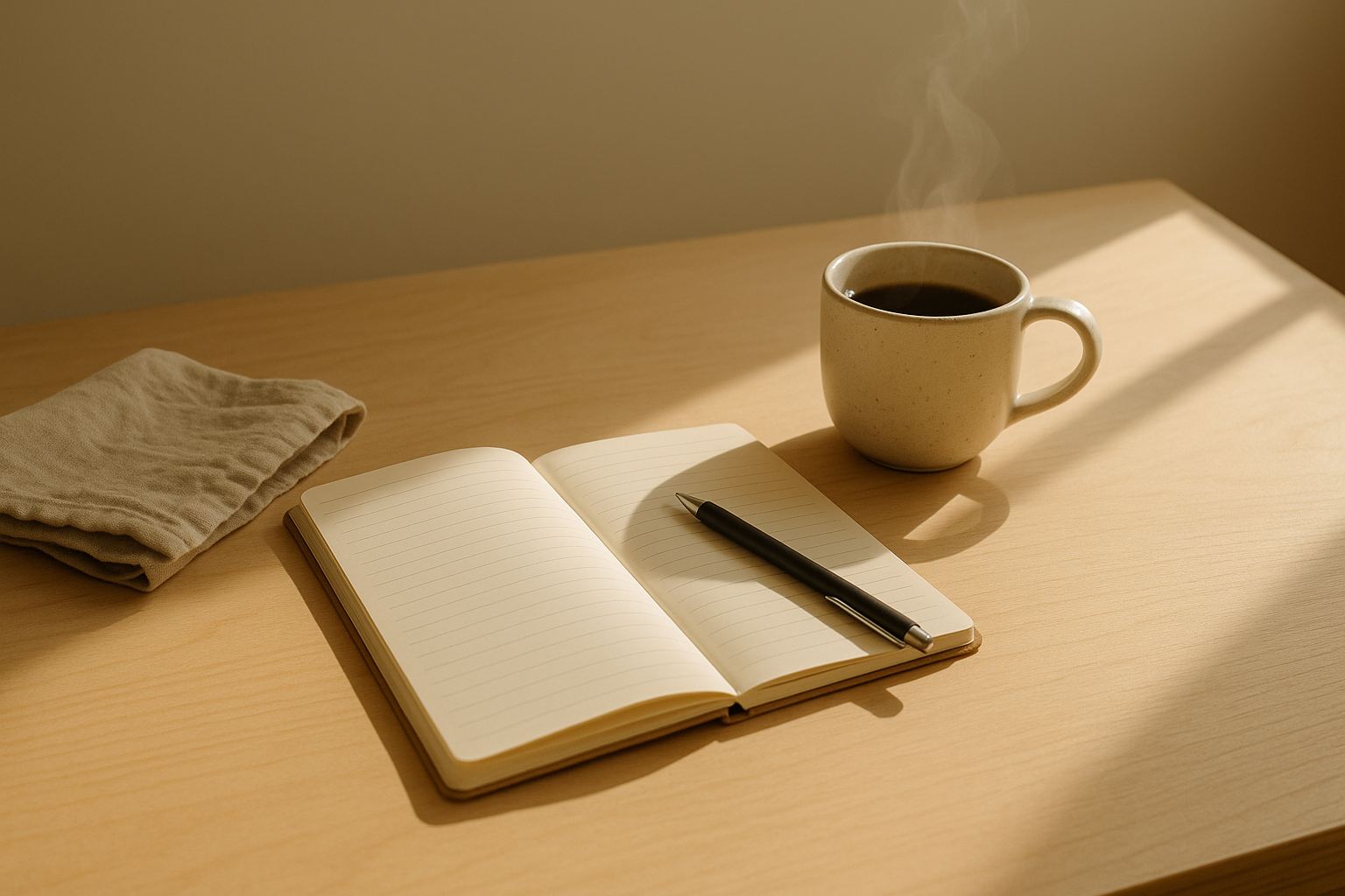 Minimalist still life with an open notebook, dark pen, and cup in soft natural light, representing quiet power and restraint.