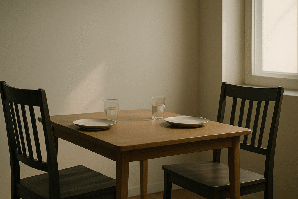 Two wooden chairs facing each other across a small table with plates and glasses in soft morning light, representing balance and conversation.