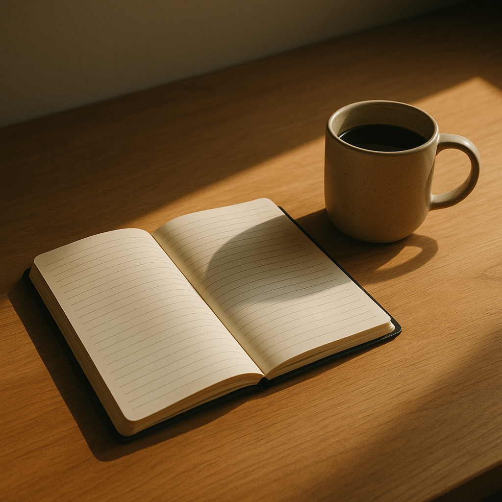Soft morning light on an open journal and coffee cup, representing reflection and discipline.