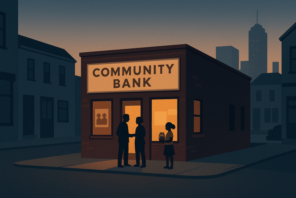 Warm light shines from a small community bank on a city block, representing neighborhood-owned financial institutions.