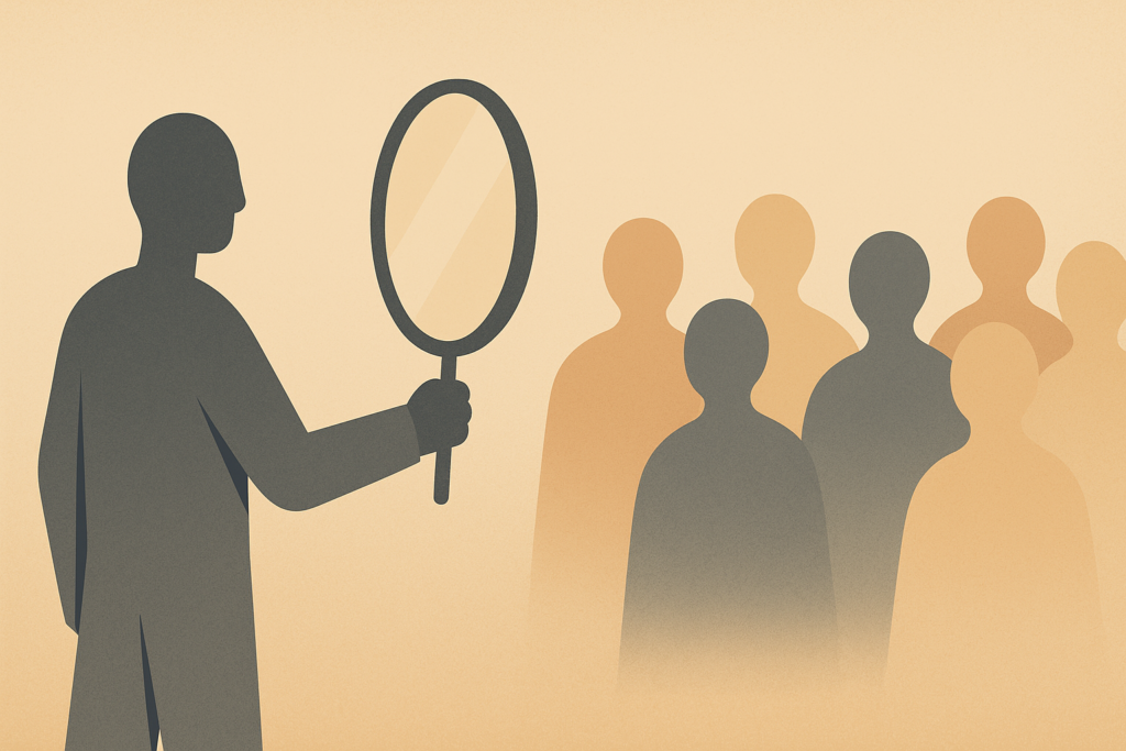 Minimalist warm sand and soft charcoal illustration showing a lone figure holding a mirror toward an abstract audience, symbolizing pandering and selective empathy.