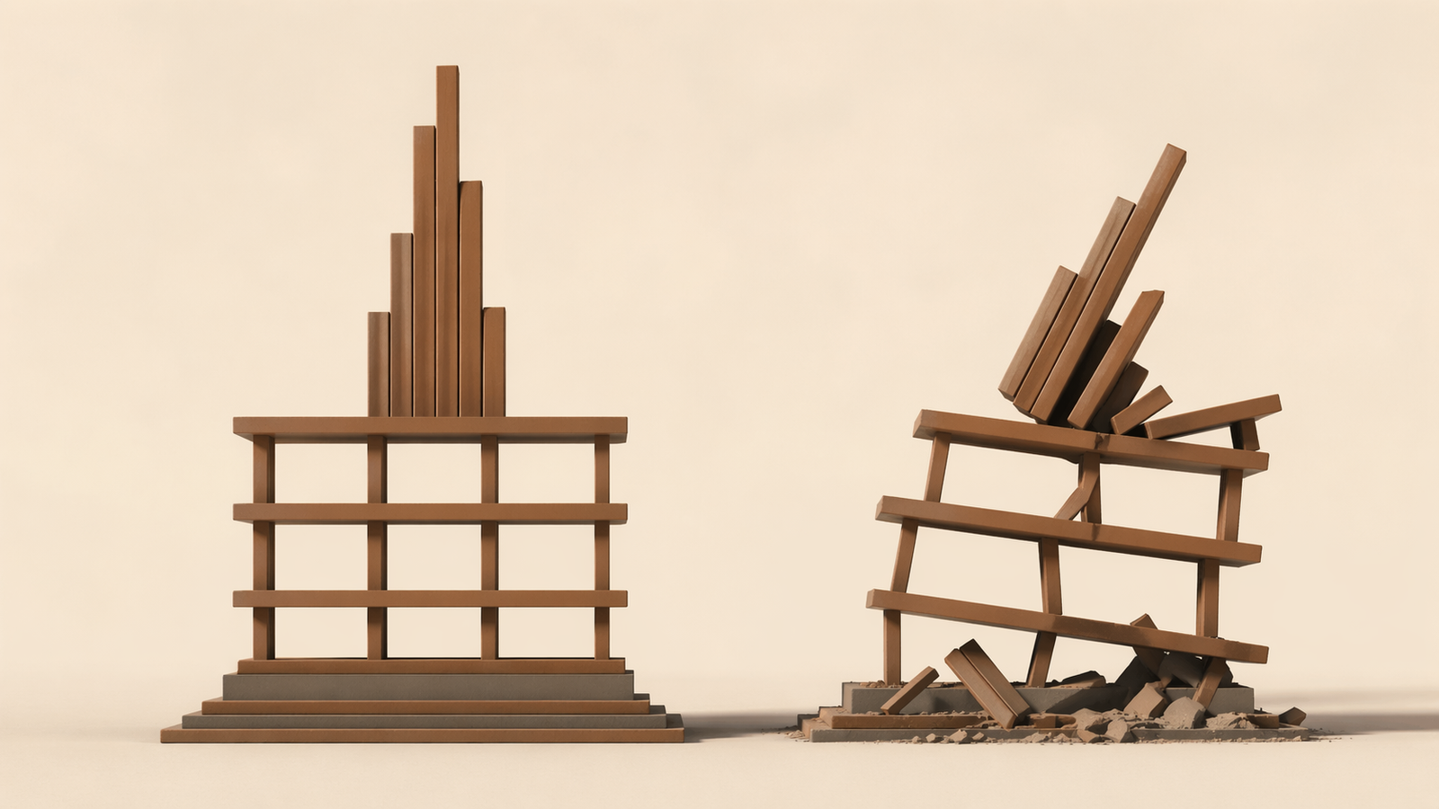 Minimalist diagram showing a stable structure supported by a strong base alongside a collapsing structure under pressure