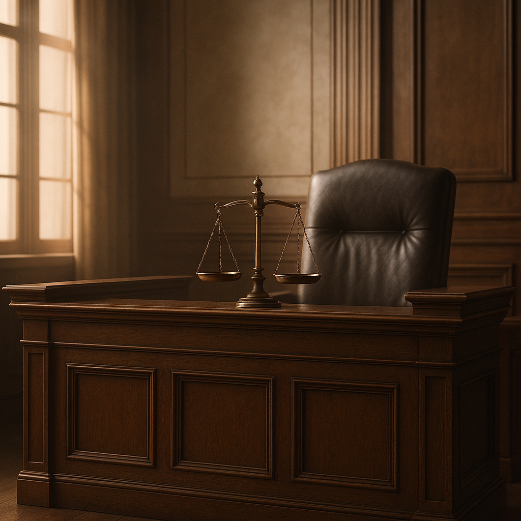 Empty courtroom bench with balanced scales representing justice and accountability in family law.
