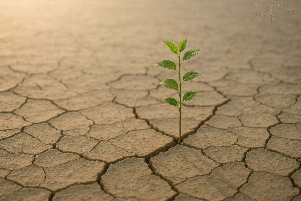 Sapling growing through cracked soil under morning light, symbolizing patient growth.