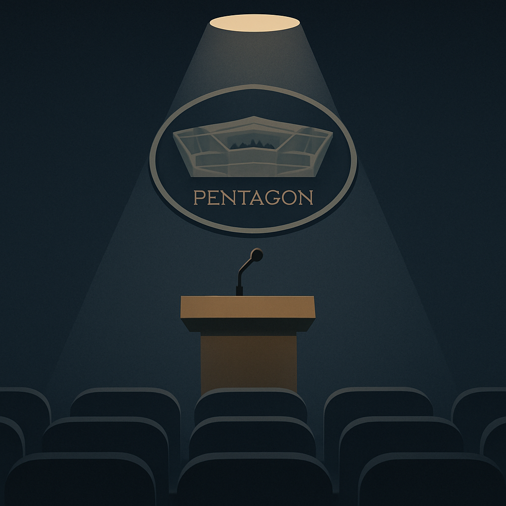 Empty Pentagon press room under light, symbolizing media silence and accountability.
