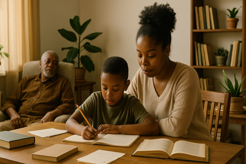 Policy is parenting at scale — a multigenerational Black family working together in a warm, sunlit home symbolizing structure and resilience.