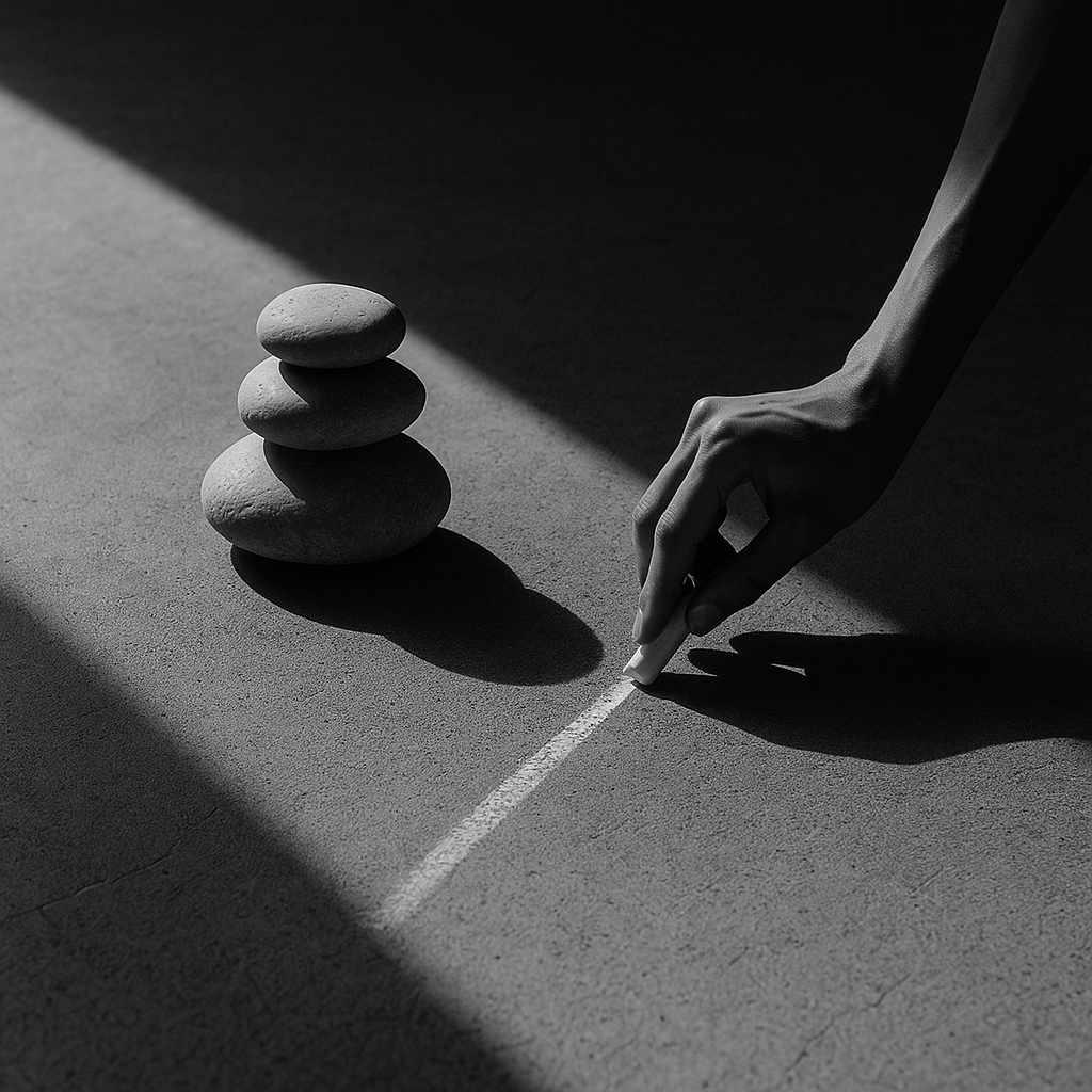 A black-and-white photograph showing a beam of light cutting across a concrete floor where a hand draws a chalk line beside a stack of smooth stones, symbolizing discipline, balance, and precision.