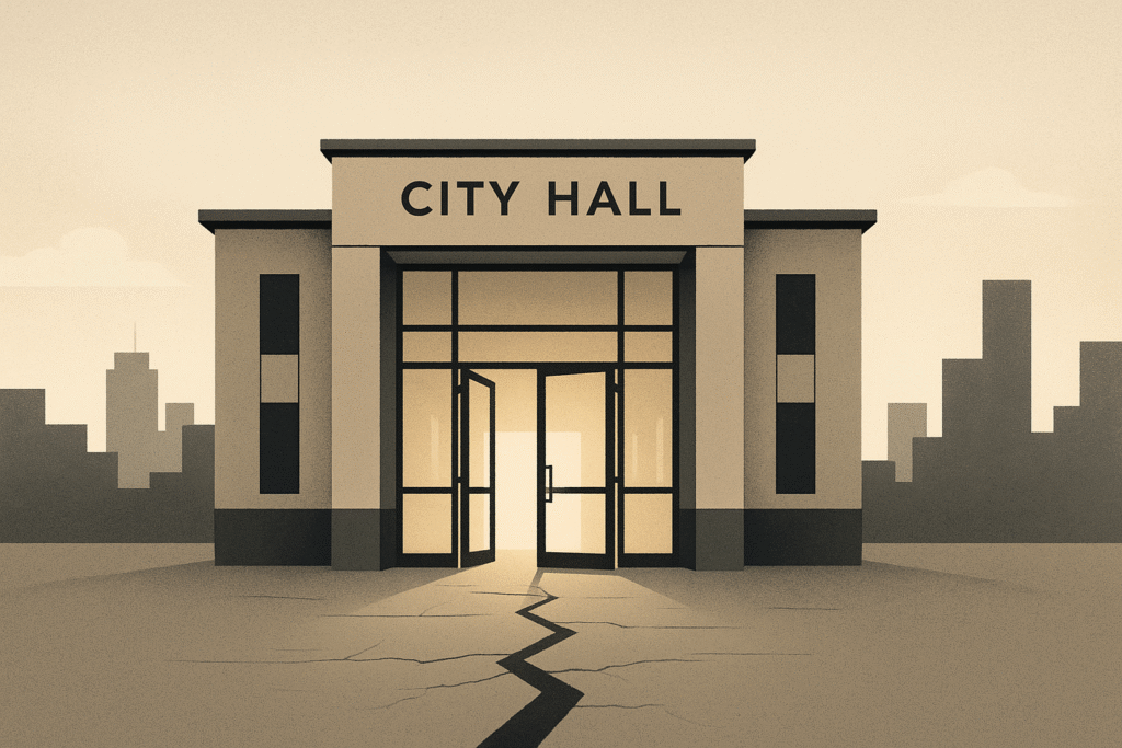 Minimalist city hall with open glass doors and warm light, representing transparency and public access.