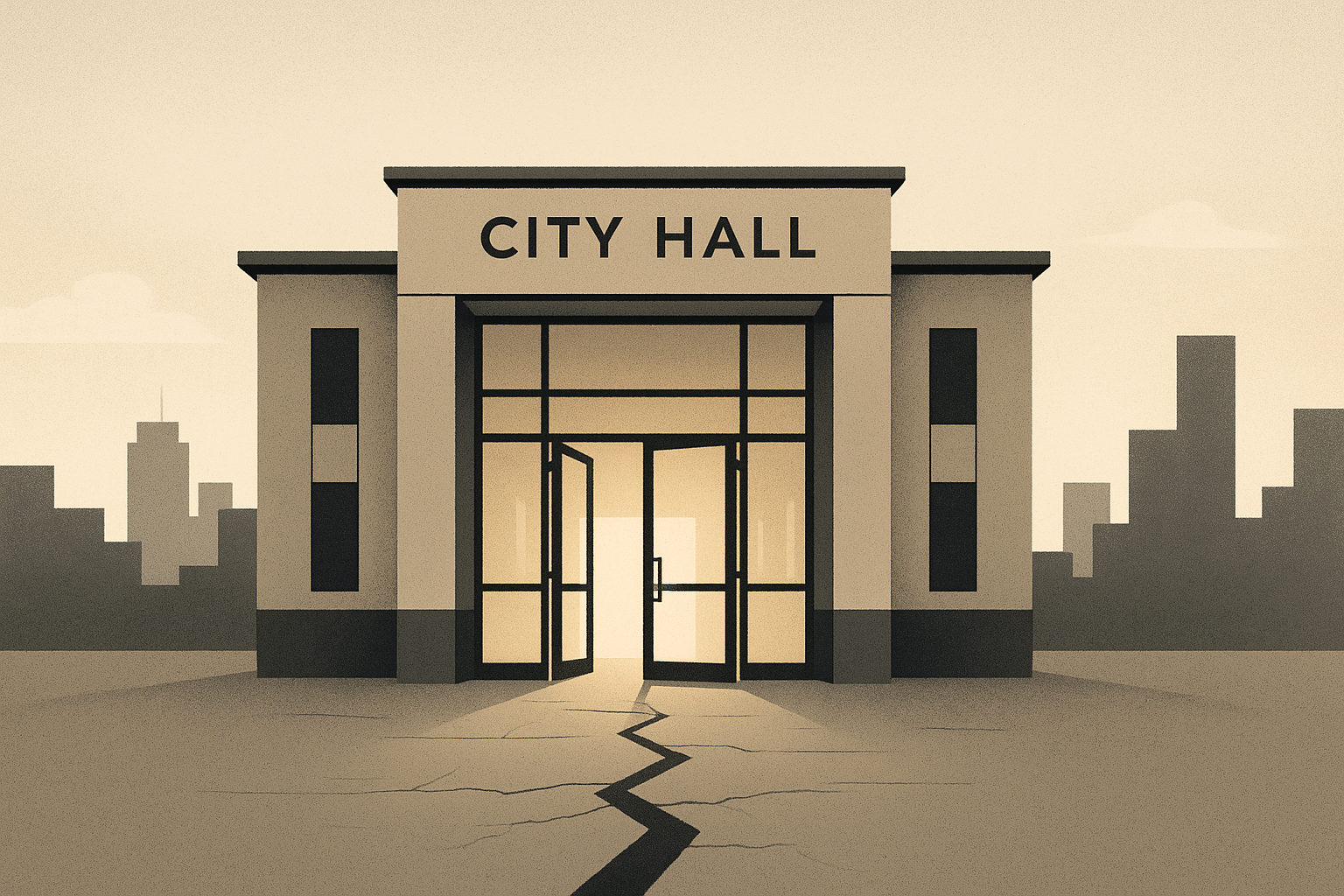 Minimalist city hall illustration with open glass doors and warm light symbolizing transparency and civic access.