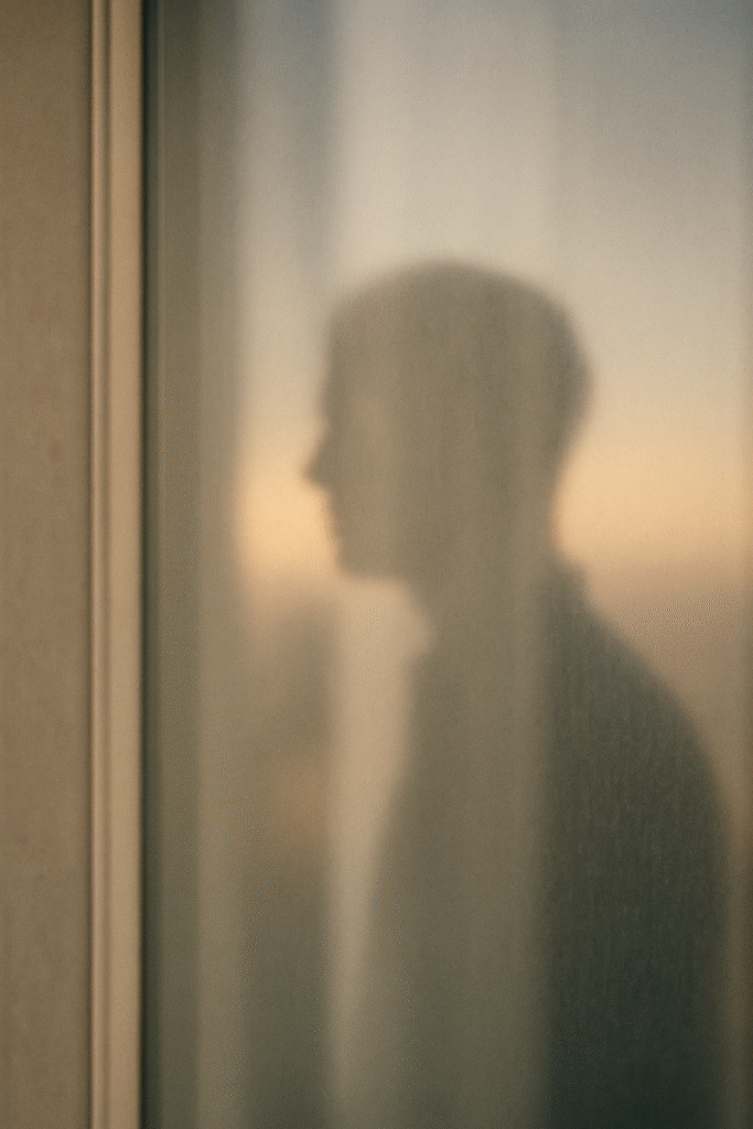 Soft window reflection showing a person’s silhouette, representing awareness and self-judgment.