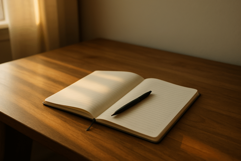 Sunlight over a desk with an open notebook and pen, symbolizing the power of starting early.