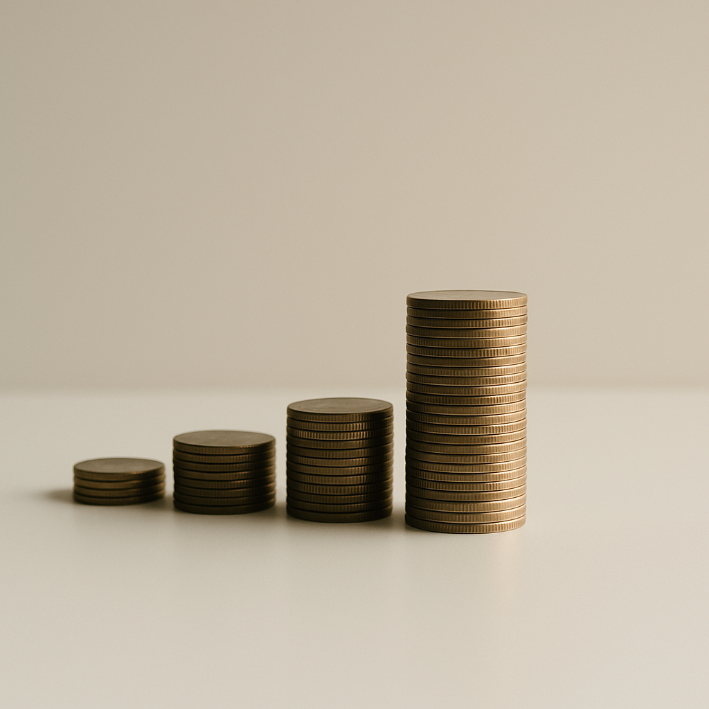 Neatly stacked coins arranged in ascending order on a smooth surface, softly lit from one side, symbolizing patience, steady growth, and financial discipline.