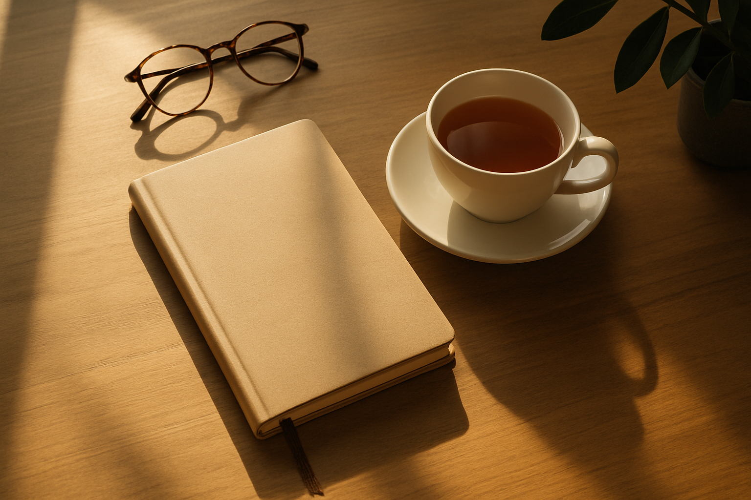 Minimalist illustration of a quiet morning table with a mug and open journal in warm sand and charcoal tones.
