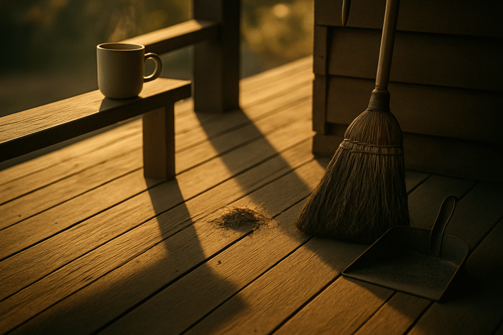 A photograph of a Southern porch at sunrise with a broom, a small pile of swept dust, a metal dustpan, and a cooling mug of coffee on the rail, symbolizing sweeping the same spot twice.
