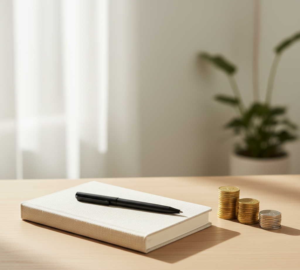 Stacked coins and notebook on a desk under morning light, representing the quiet power of financial discipline.