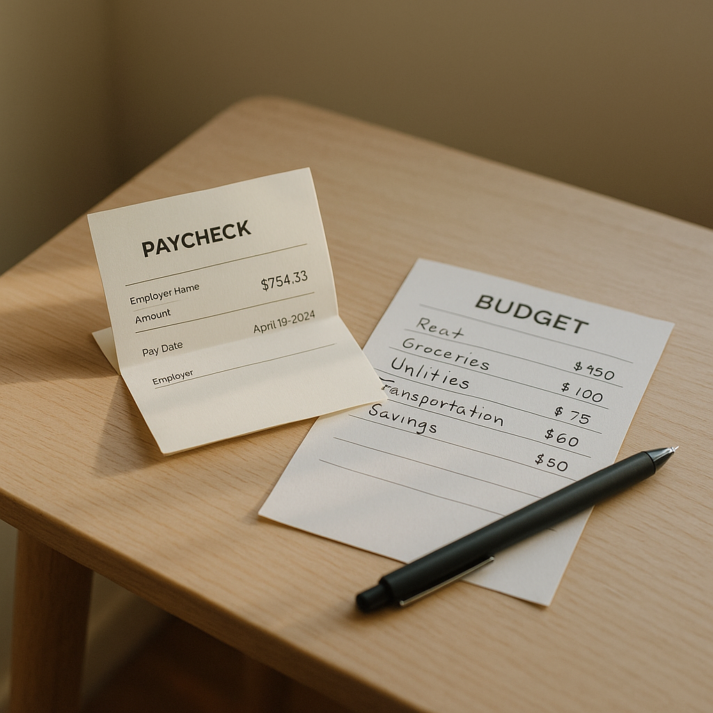 A folded paycheck and a handwritten budget sheet on a small table, symbolizing first lessons in money management.