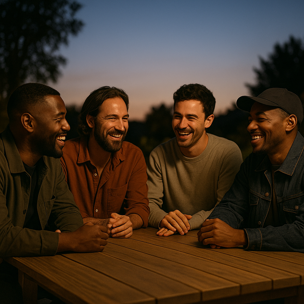 Men sharing calm conversation at dusk, representing balance and focus over validation.