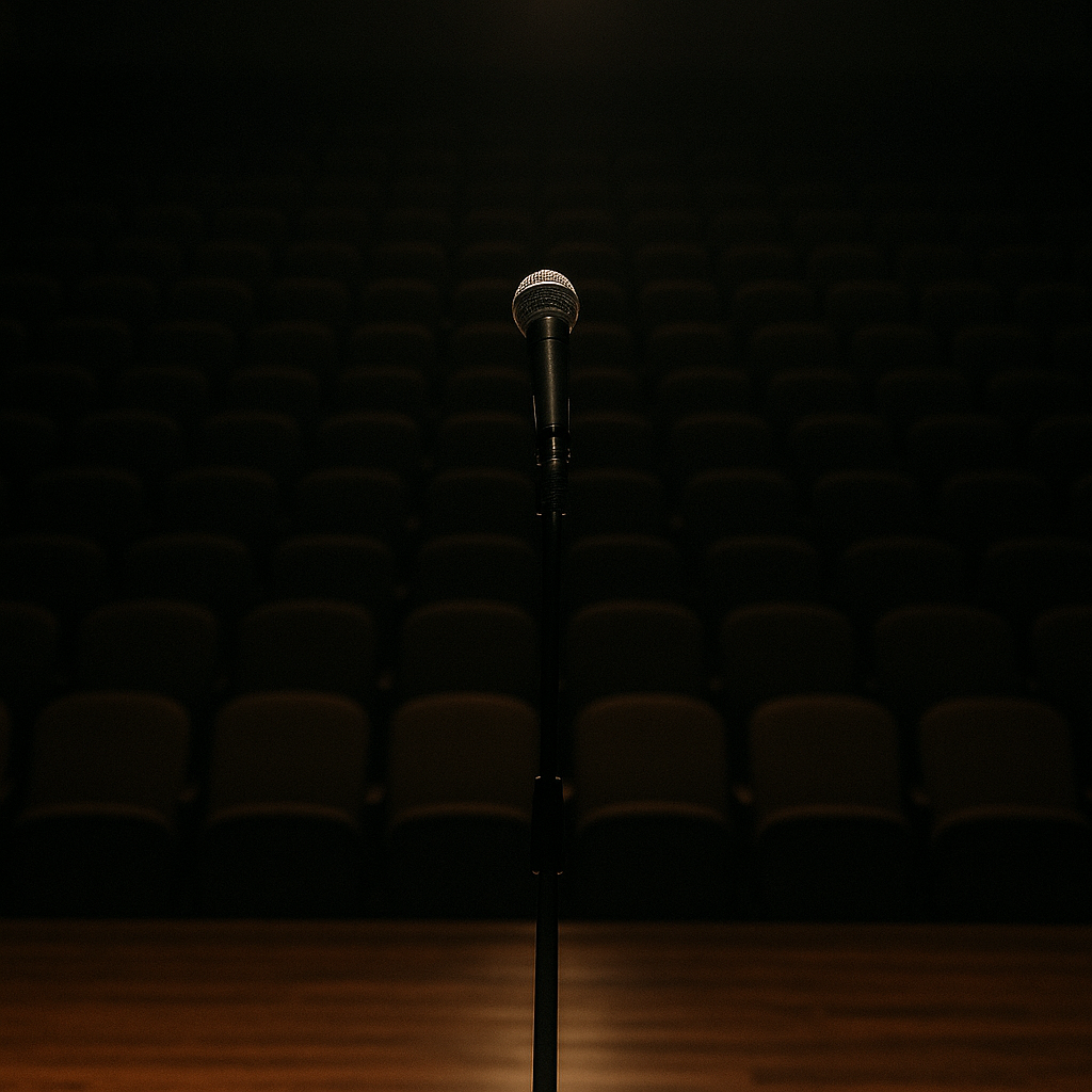 Microphone in spotlight before empty chairs, representing false empathy and audience pandering.