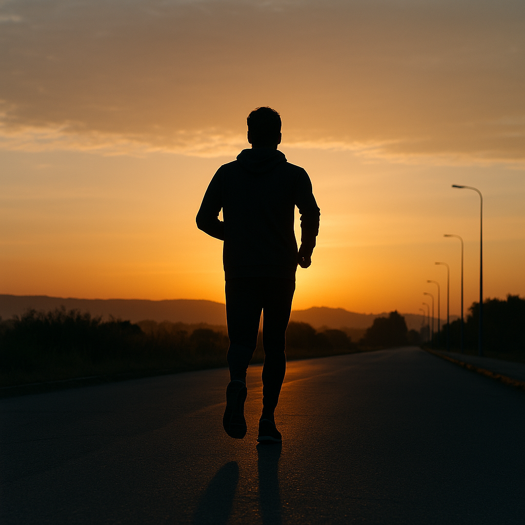 Person jogging alone at sunrise on an empty road, symbolizing discipline and steady progress.
