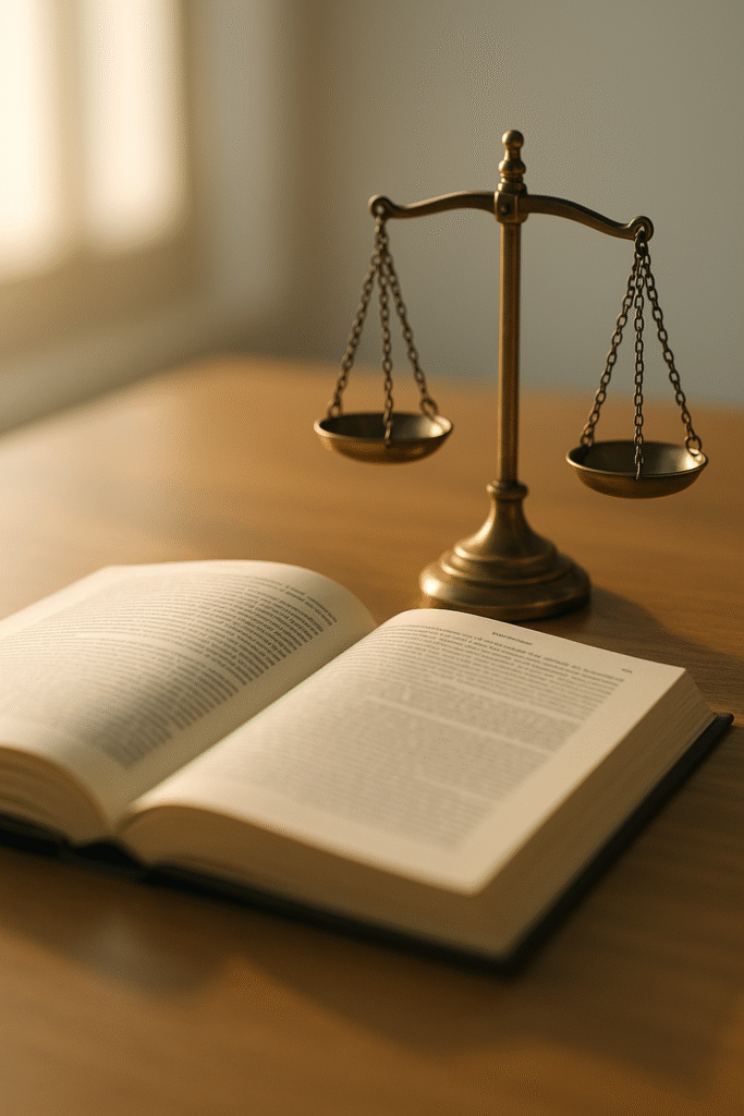 Open law book with balanced scales in morning light symbolizing truth and accountability.