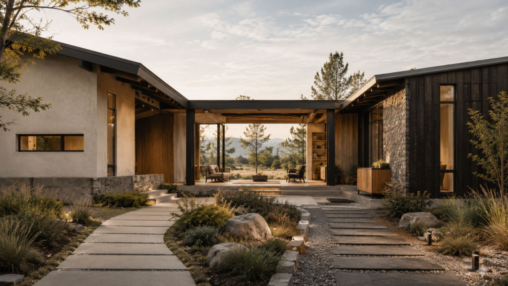 Two distinct architectural pathways and structures joining into a stable shared home, representing relationship compatibility, alignment, responsibility, and shared direction