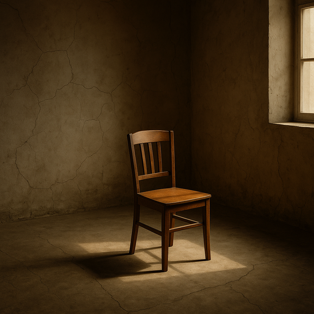 Empty chair in a sunlit, cracked room symbolizing the cost of staying too long.
