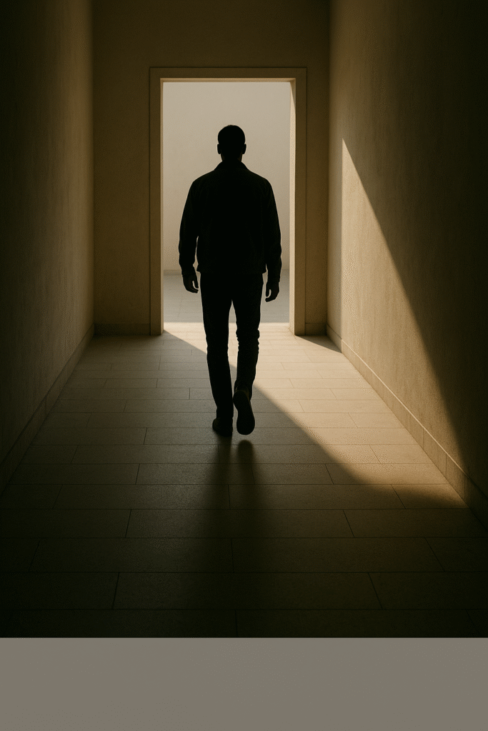 Shadow of a person walking away down a bright hallway, symbolizing clarity and release.