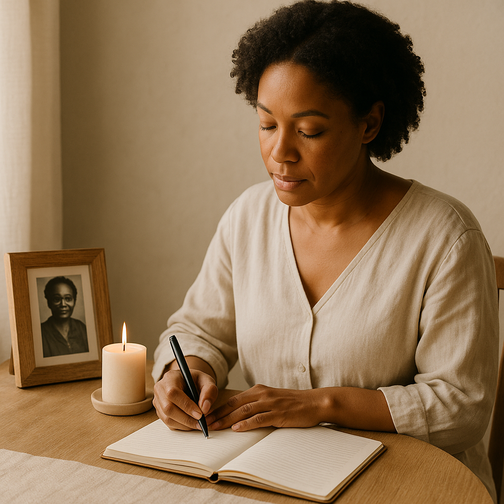 Woman journaling beside candle and framed family photo, symbolizing women shaping generational legacy.