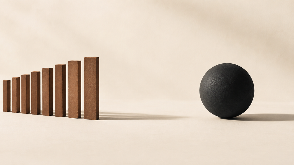 Abstract clay-brown forms approaching a grounded charcoal sphere across open space, representing borrowed urgency and a protected response boundary.