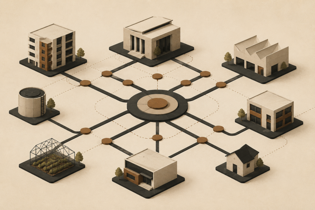 Minimalist architectural illustration showing interconnected community infrastructure systems including housing, business, agriculture, energy, and civic institutions linked through a centralized ownership network on a warm sand background.