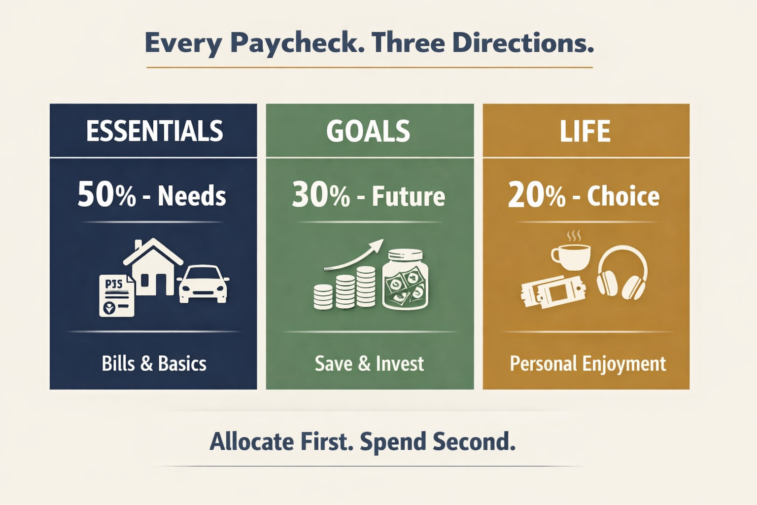 Financial allocation system showing essentials goals and life for first paycheck budgeting