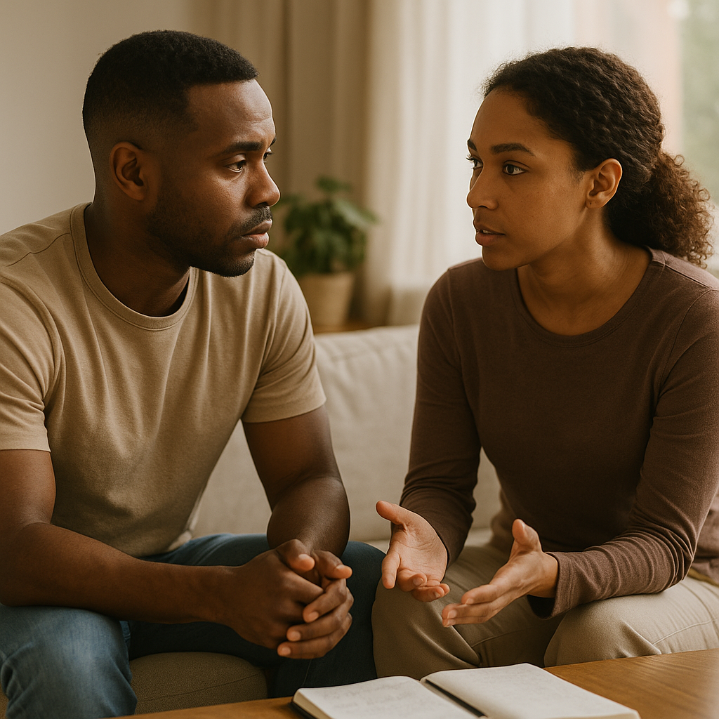 A couple sitting together on a couch in warm natural light, having a sincere conversation that reflects emotional repair and mutual care.