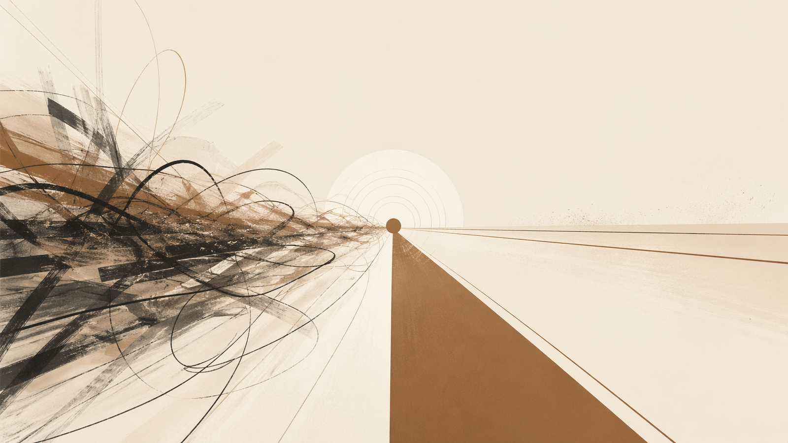 Minimalist abstract scene showing chaotic looping pathways contrasted with a single clean path moving forward, symbolizing motion without progress versus clear direction.